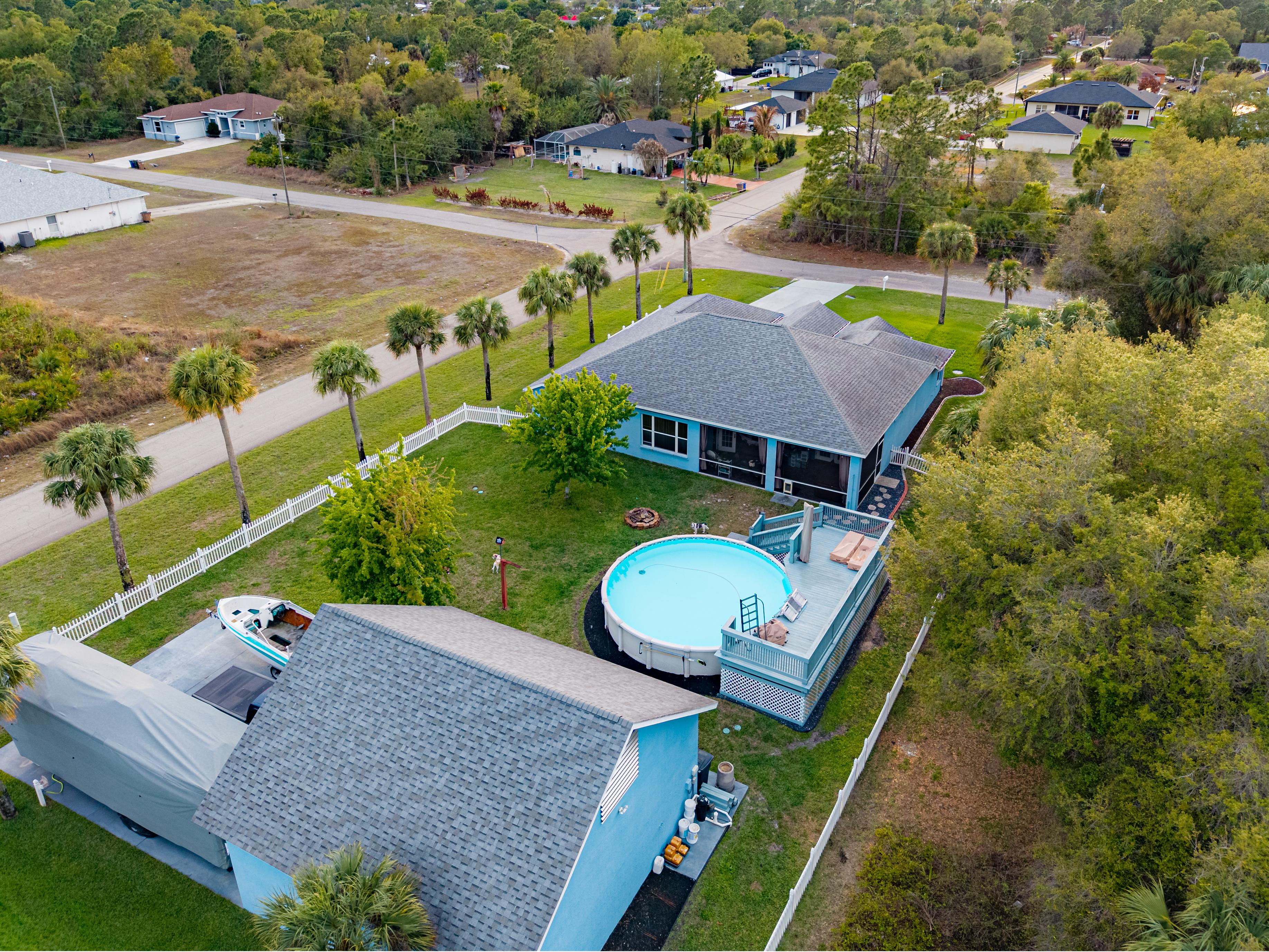 Wide aerial view of a finished property